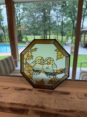 Vintage Octagonal Stained Glass Panel with Two Birds - Yellow & Light Blue